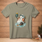 Snowman in a lounge chair holding a beer, wearing sunglasses and a Hawaiian shirt.