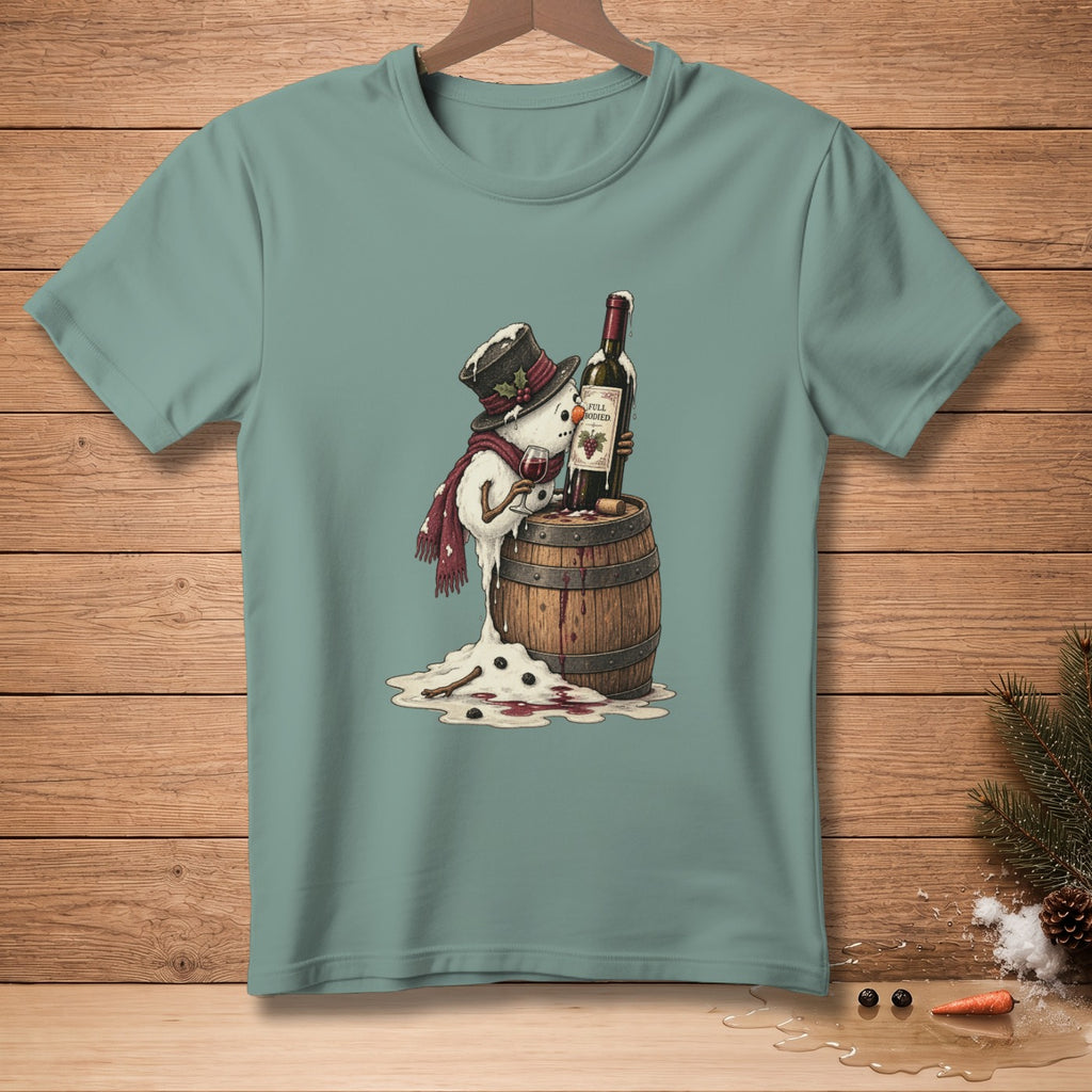 Melting snowman in top hat drinking wine from a bottle on a barrel.