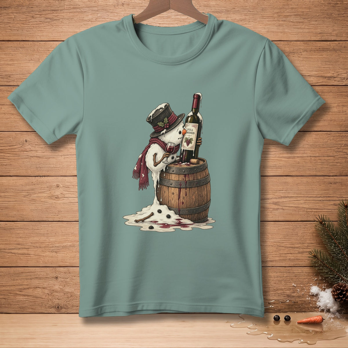 Melting snowman in top hat drinking wine from a bottle on a barrel.