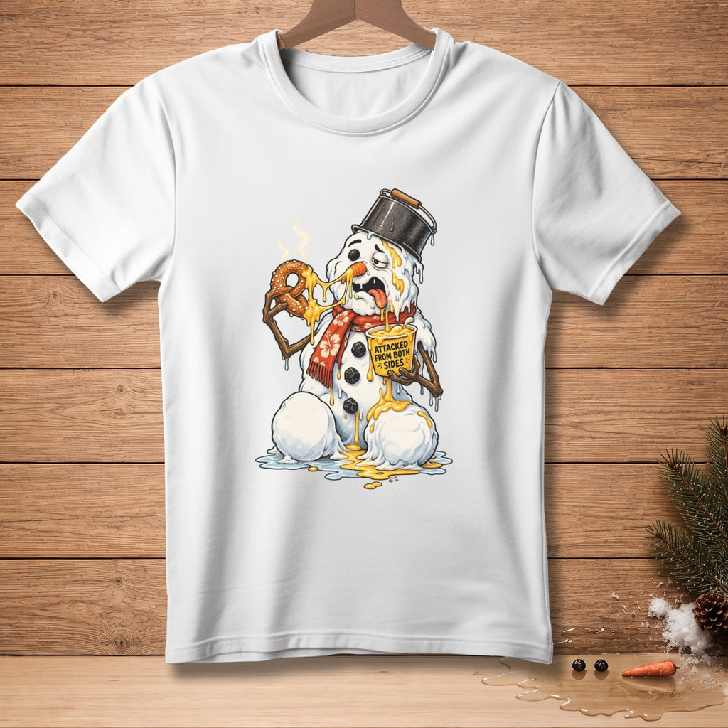 Melting snowman in a bucket hat eating a pretzel, with a mug labeled "Attacked From Both Sides".