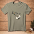 Cartoon snowman ziplining with arms and legs flailing, wearing a harness that says "no turning back".