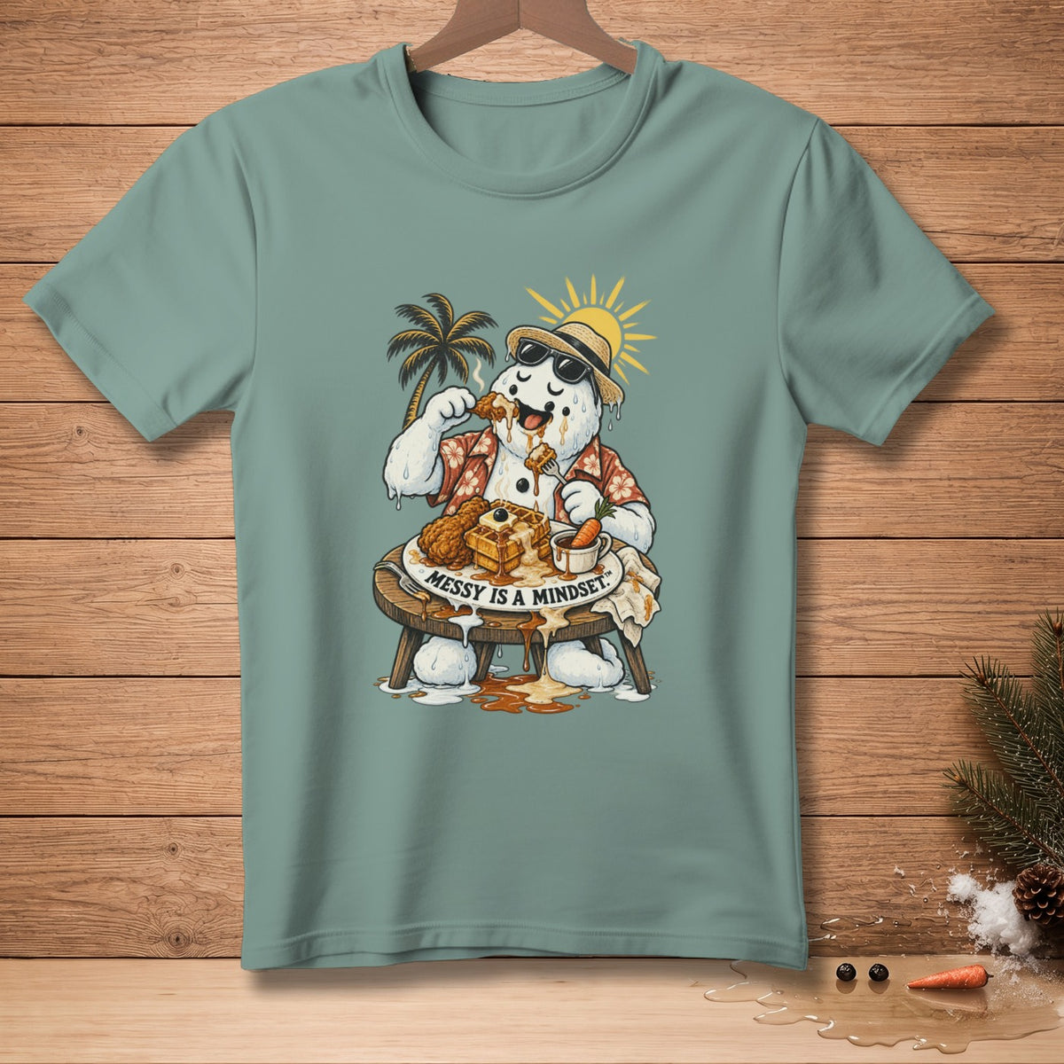 Snowman eating chicken and waffles with "Messy is a Mindset" text.