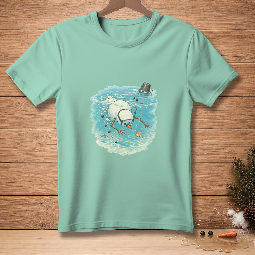 Snowman with snorkel and goggles swimming underwater, finding seashells.