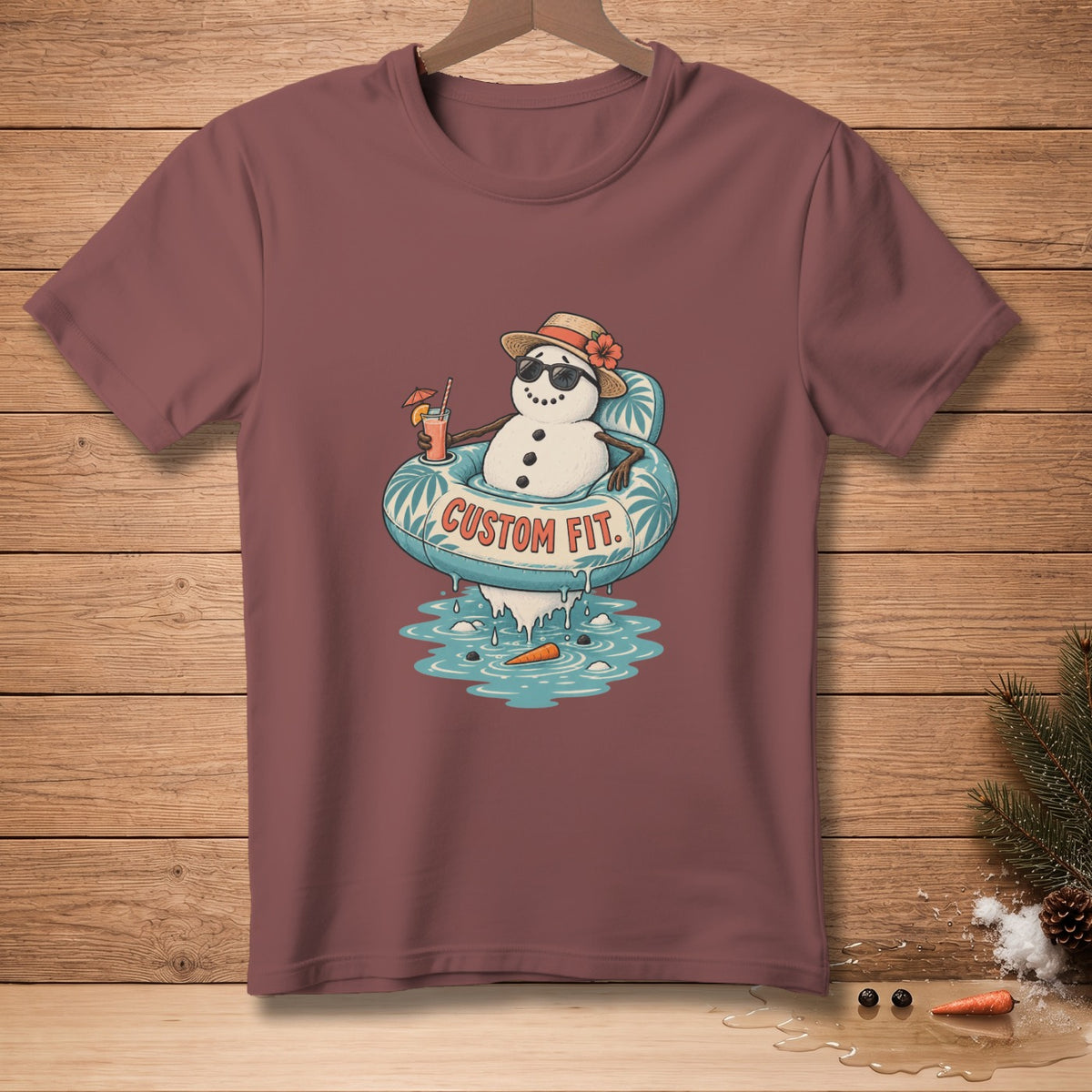 Snowman in inner tube with drink and sunglasses, text "Custom Fit".