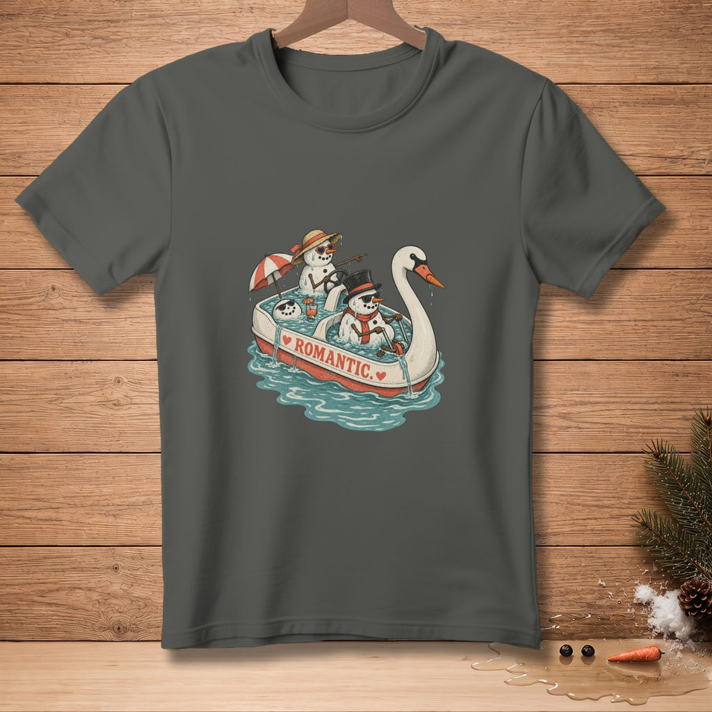 Snowmen in a swan boat with text "ROMANTIC."