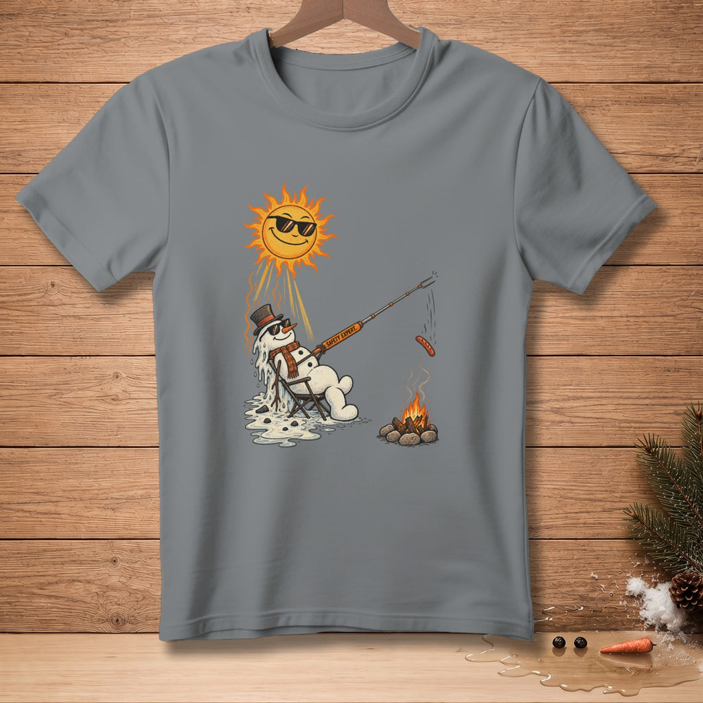 Melting snowman with sunglasses roasting sausage over campfire, cartoon sun above.