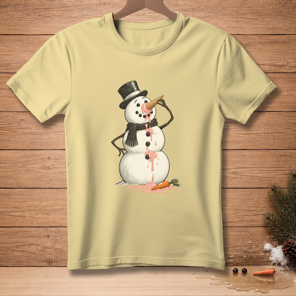 Yellow t-shirt with melting snowman wearing a hat and scarf eating ice cream.