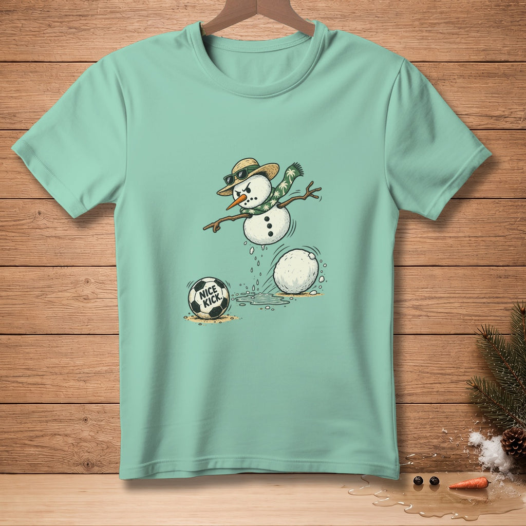 Snowman playing soccer with "Nice Kick" ball.