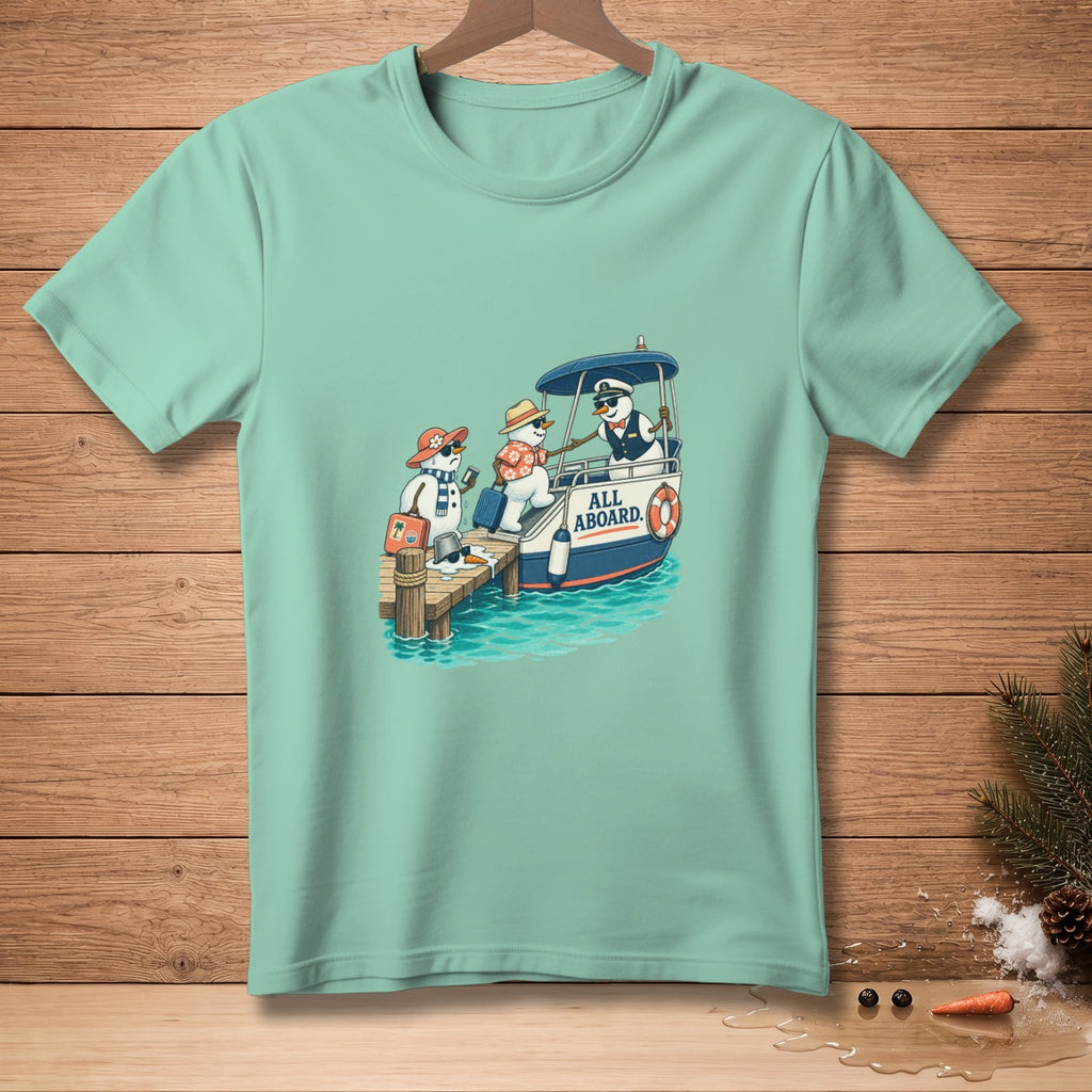 Snowmen with luggage boarding a boat with "All Aboard" text.
