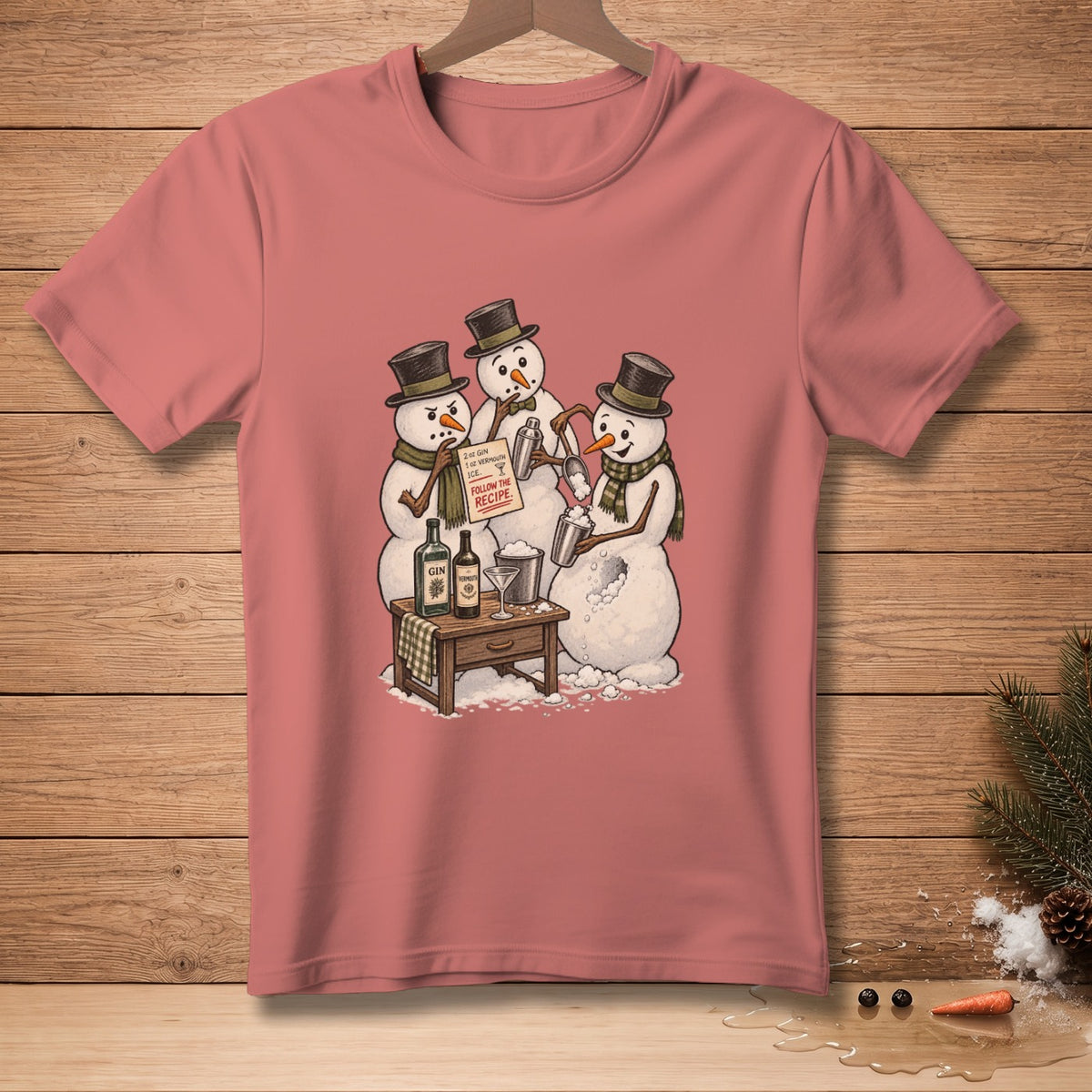 Three snowmen in top hats make a drink, one holding a recipe that says "FOLLOW THE RECIPE."