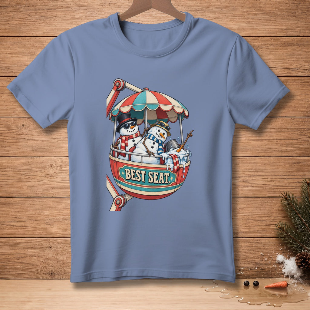 Two snowmen in a Ferris wheel gondola with the text "BEST SEAT".