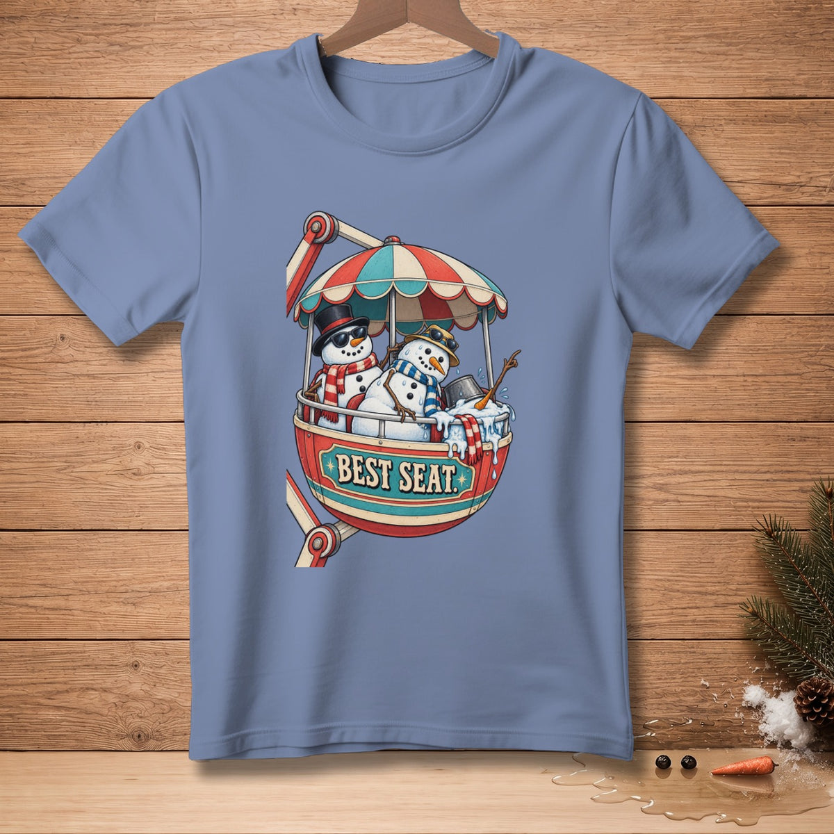 Two snowmen in a Ferris wheel gondola with the text "BEST SEAT".