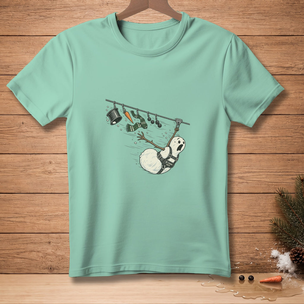 Snowman on a zipline with strapped harness, carrot, scarf, hat, and buttons.