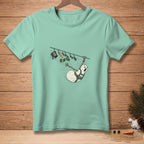 Snowman on a zipline with strapped harness, carrot, scarf, hat, and buttons.