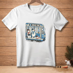 White t-shirt with cartoon of snowmen on a subway car reading "HOLD ON."