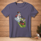 Snowman with sunglasses mowing lawn, with "Curb Appeal" bag.