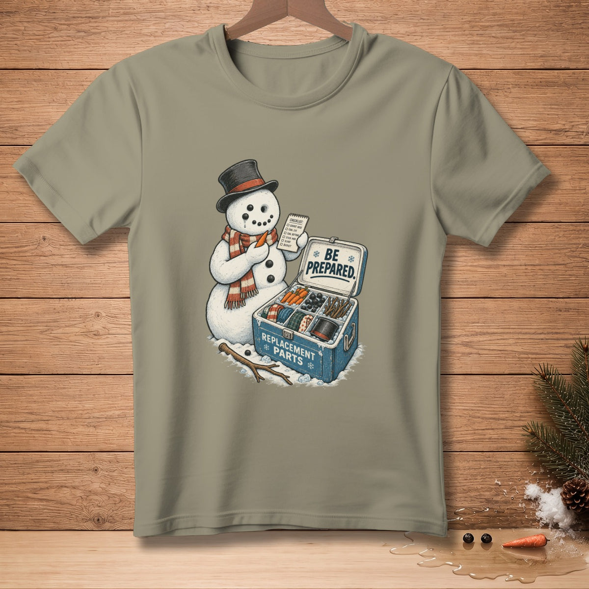Snowman with top hat and scarf holds checklist next to open cooler of parts.