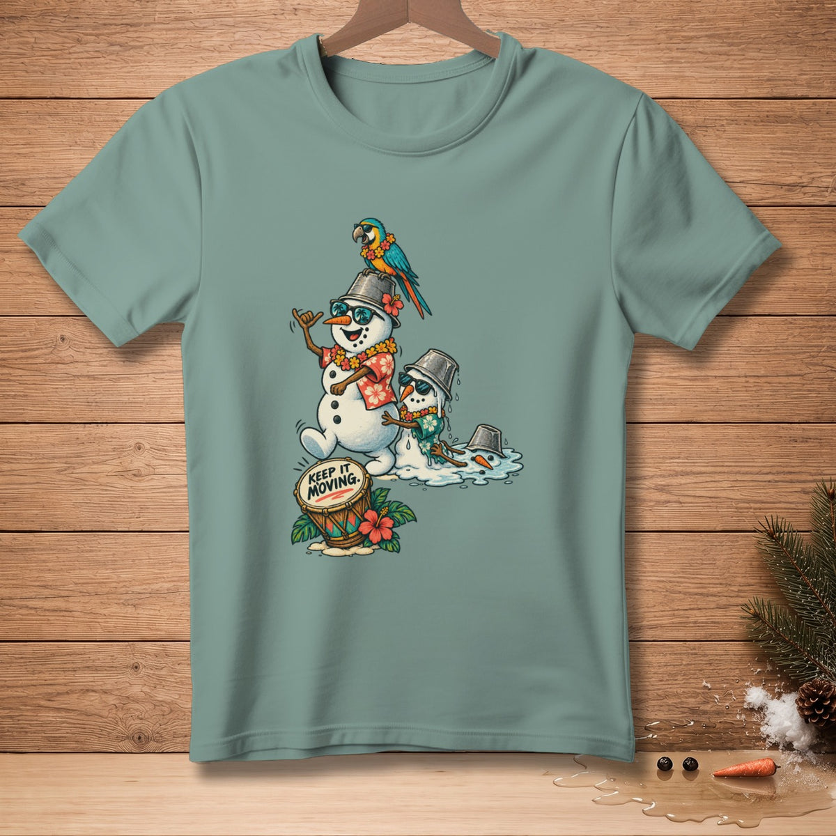 Snowmen in Hawaiian shirts with a parrot and drum, saying "Keep It Moving."
