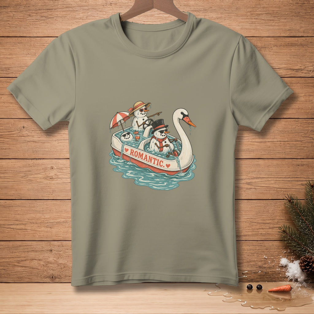 Snowmen in a swan boat with "ROMANTIC." text and hearts.