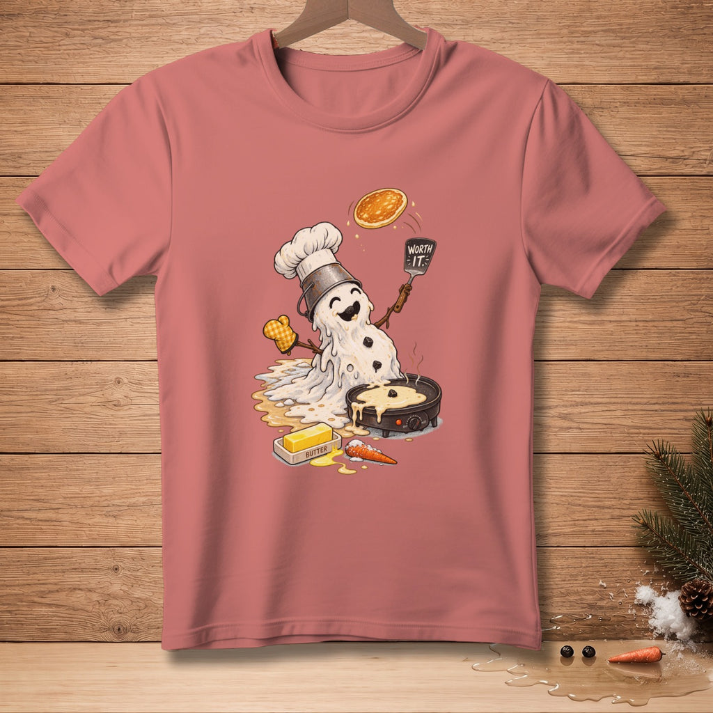Melting snowman chef flipping pancake with "Worth It." spatula on t-shirt.