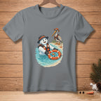 Snowman in water with life preserver, pelican on beach, summer theme graphic.