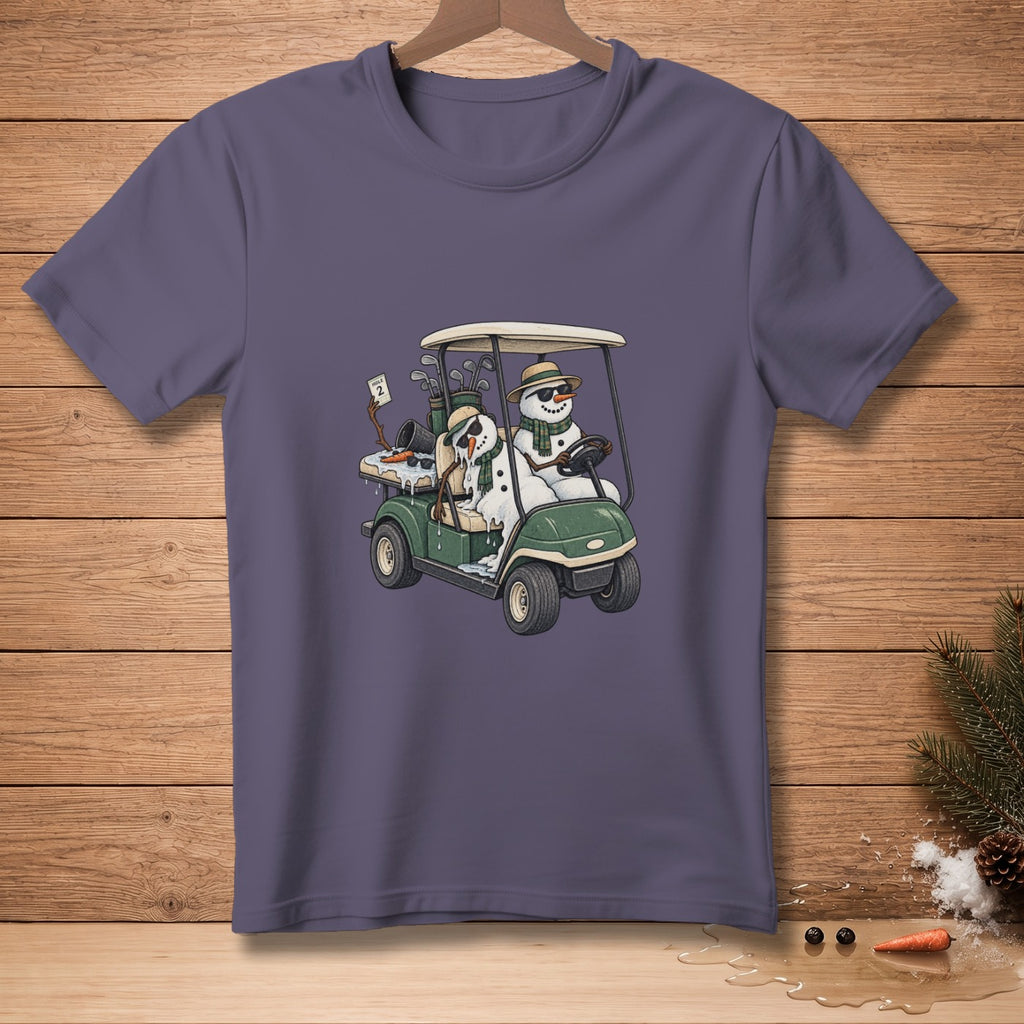 Two snowmen in sunglasses and hats ride a golf cart with clubs and a "Hole 2" sign.