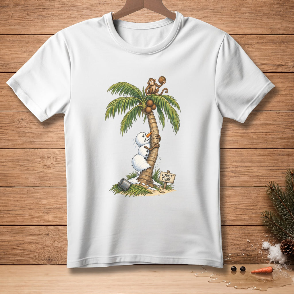 Snowman climbs a palm tree with a monkey, a sign reads "Almost There."