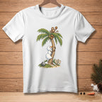 Snowman climbs a palm tree with a monkey, a sign reads "Almost There."