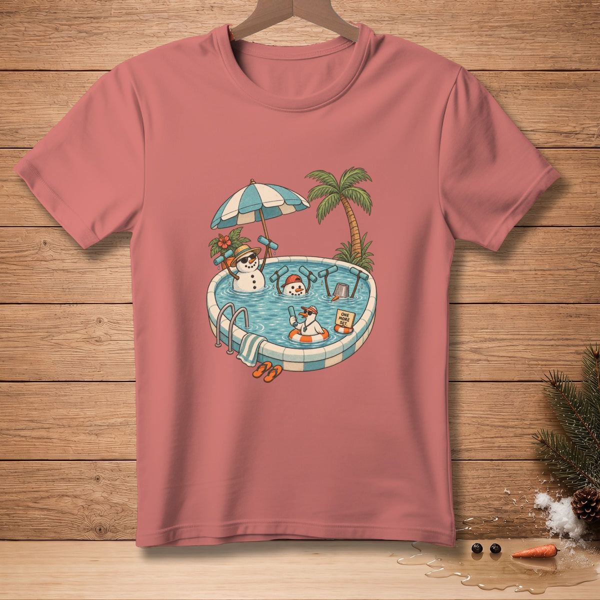Three snowmen relax in a swimming pool with a palm tree and umbrella.