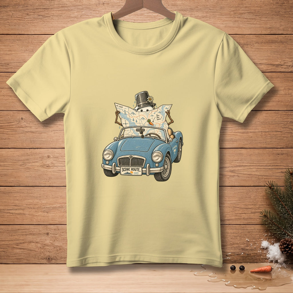 Illustration of a snowman driving a blue convertible, reading a map.