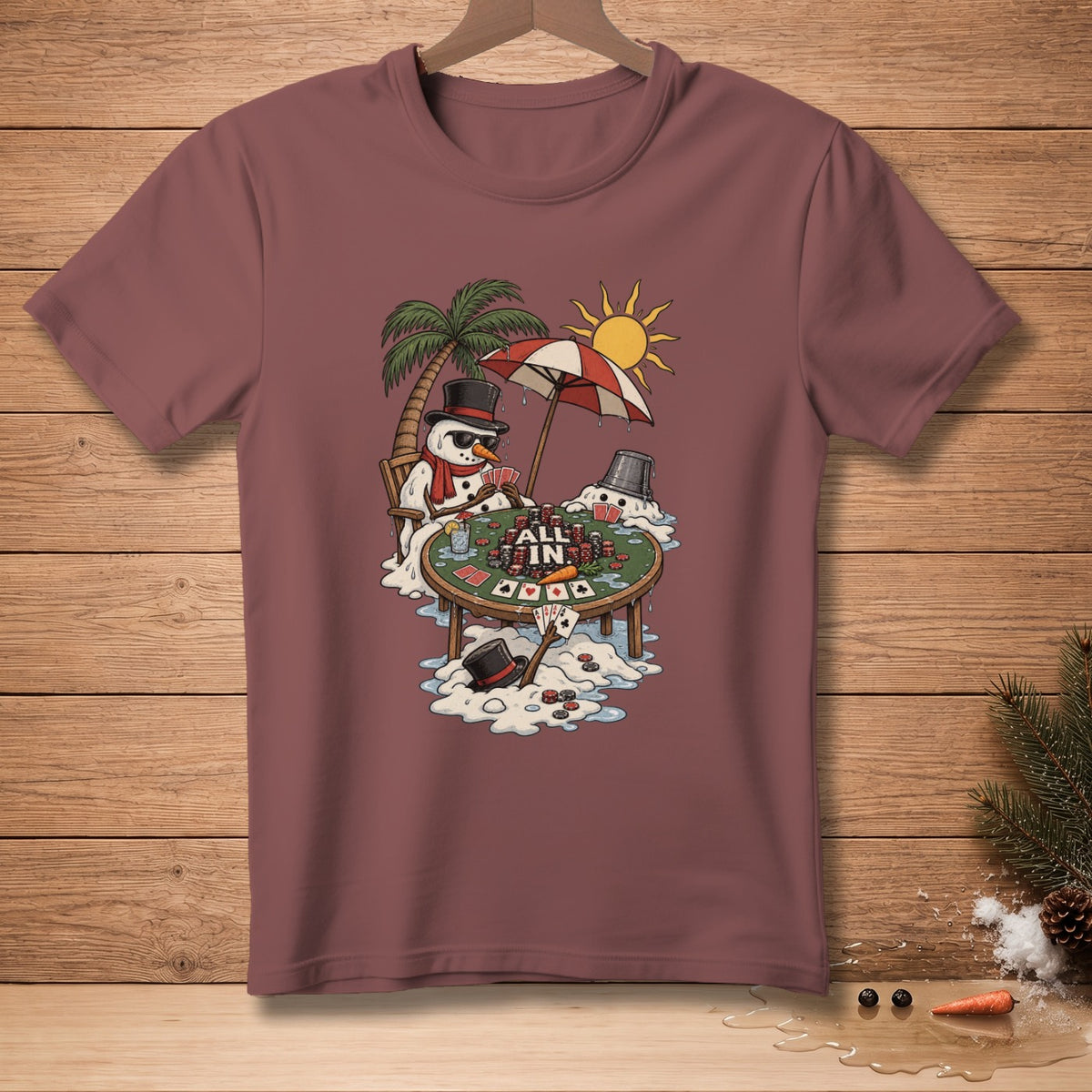 Snowmen playing poker on a beach with "ALL IN" text on the table.