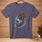 Bigfoot paddling a canoe with a melting snowman and a bucket of water.
