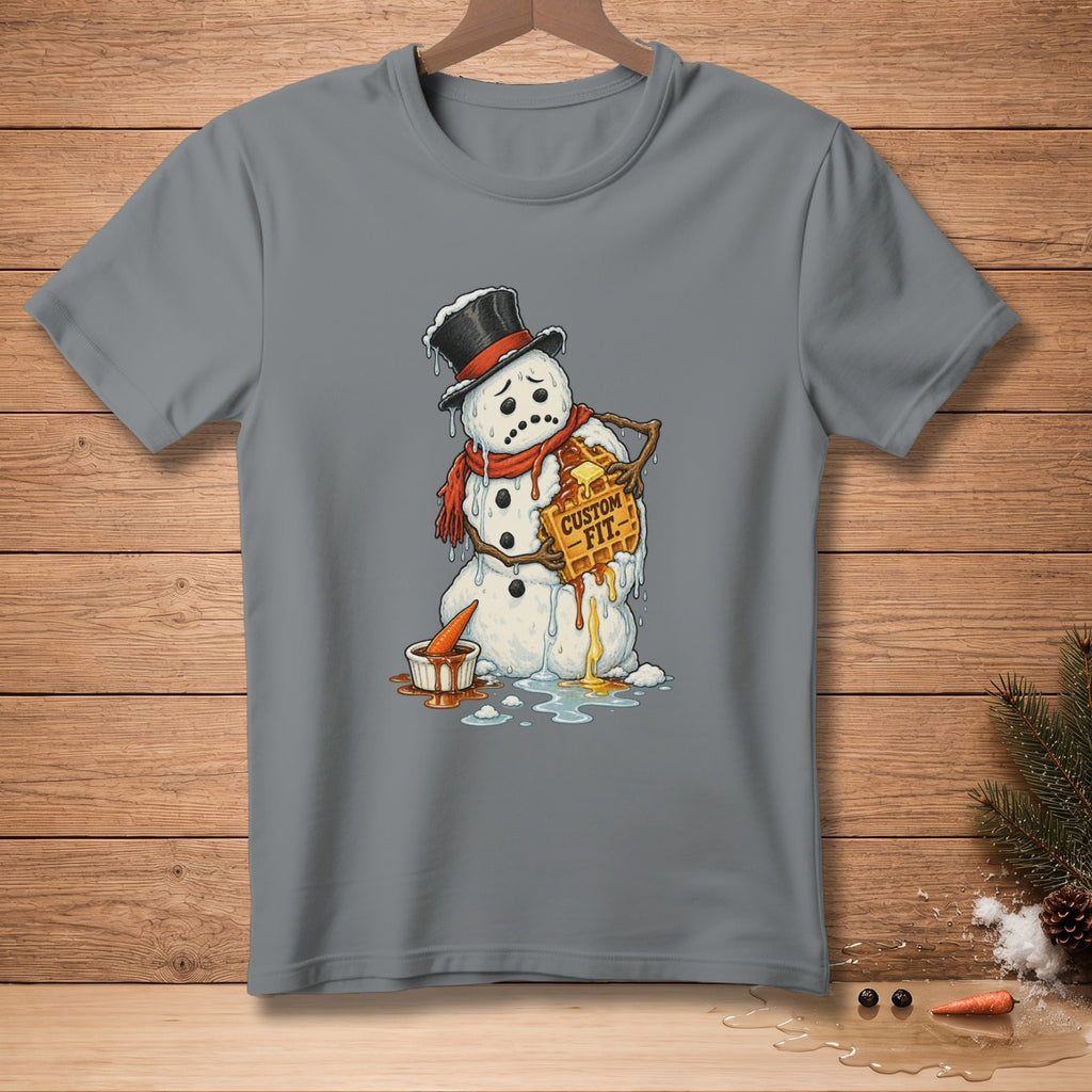 Melting snowman wearing a top hat and scarf, holding a waffle labeled "CUSTOM FIT".
