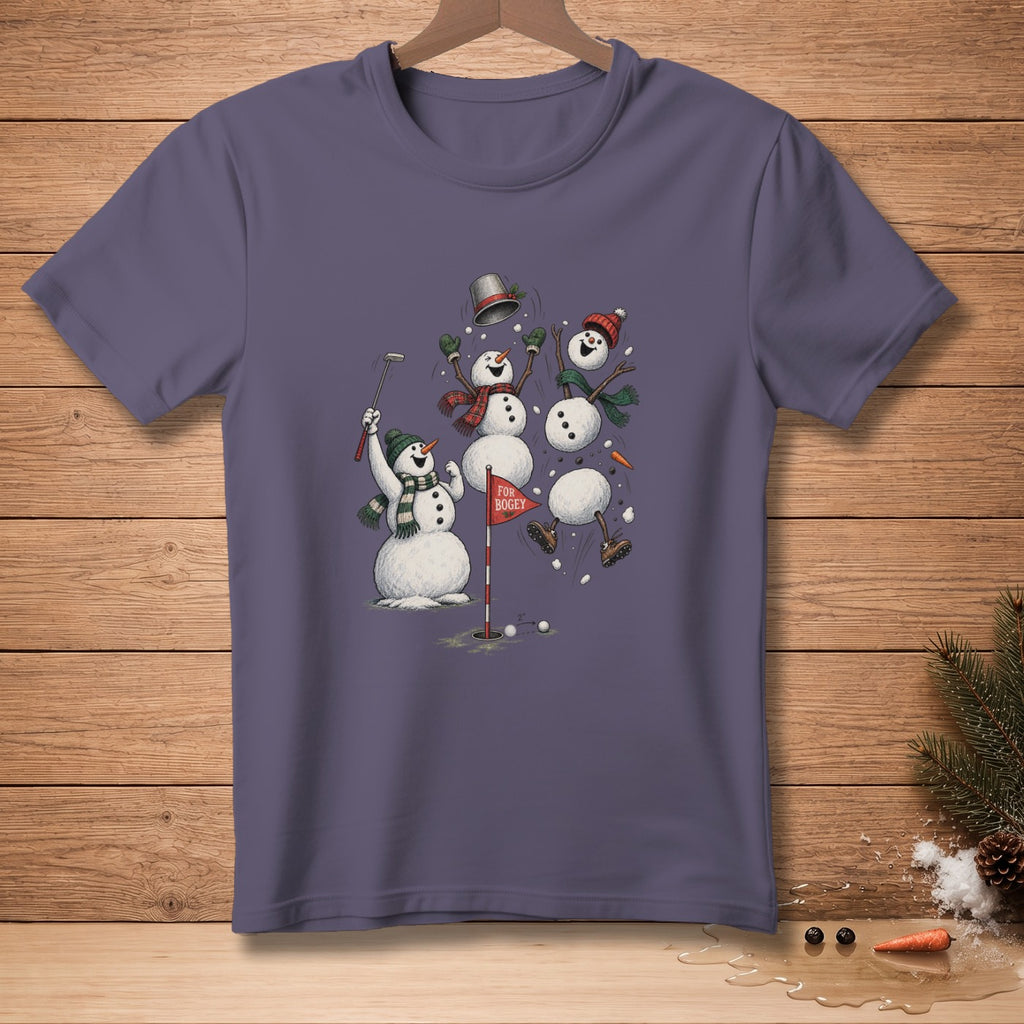 T-shirt with cartoon snowmen playing golf, text "FOR BOGEY".