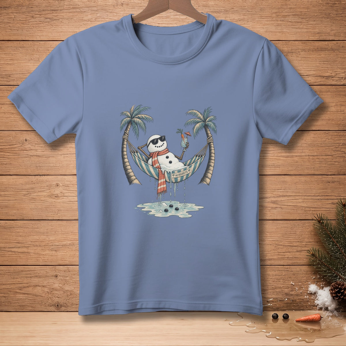 Melting snowman in hammock with sunglasses and drink, "NO REGRETS" text.