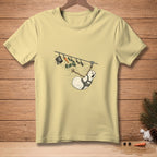 Snowman on a zipline with a carrot, scarf, and bucket hanging above.