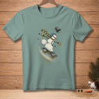 Snowman on skateboard with scarf and helmet, text "Stick the Landing".