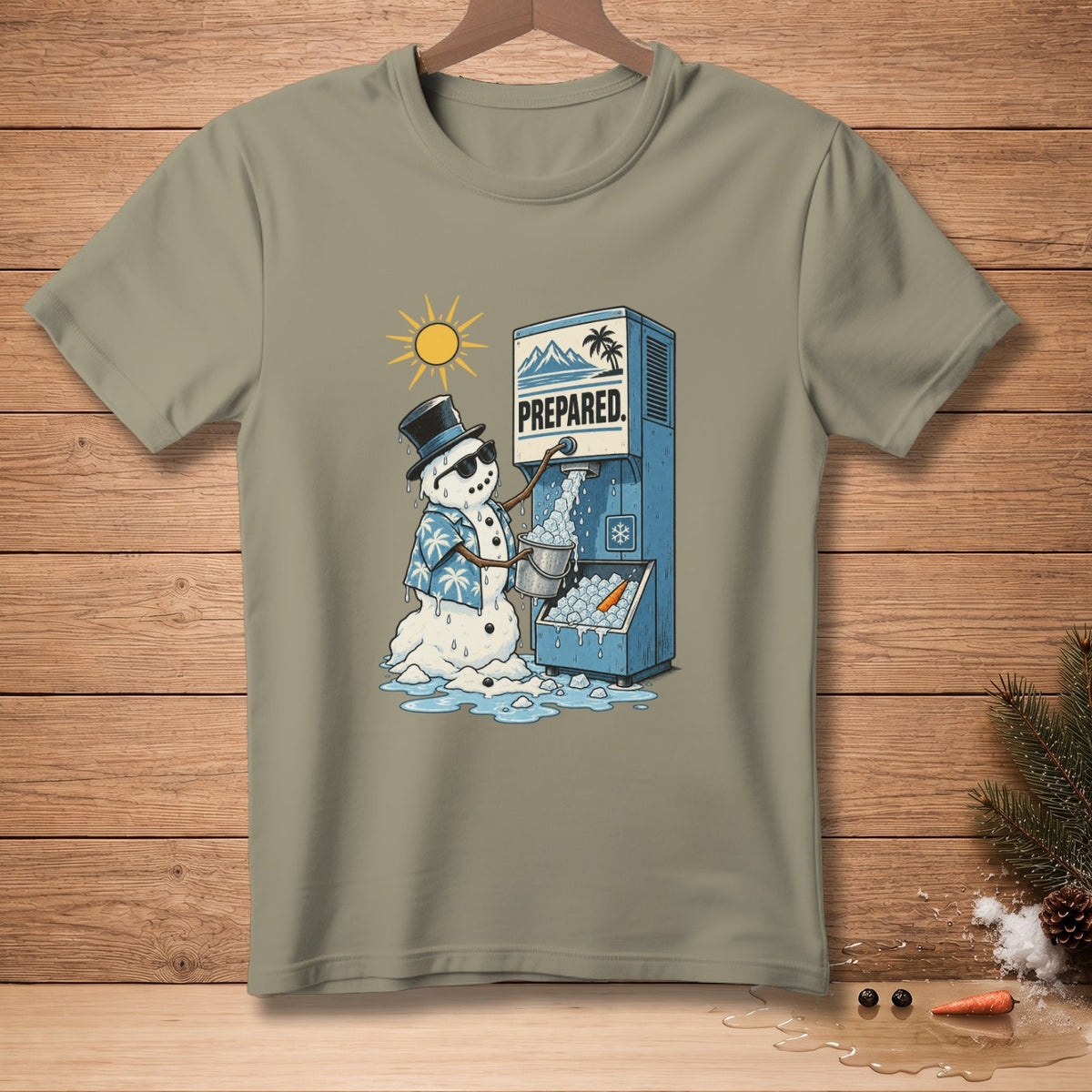 Snowman in Hawaiian shirt and top hat using an ice machine that says "PREPARED".