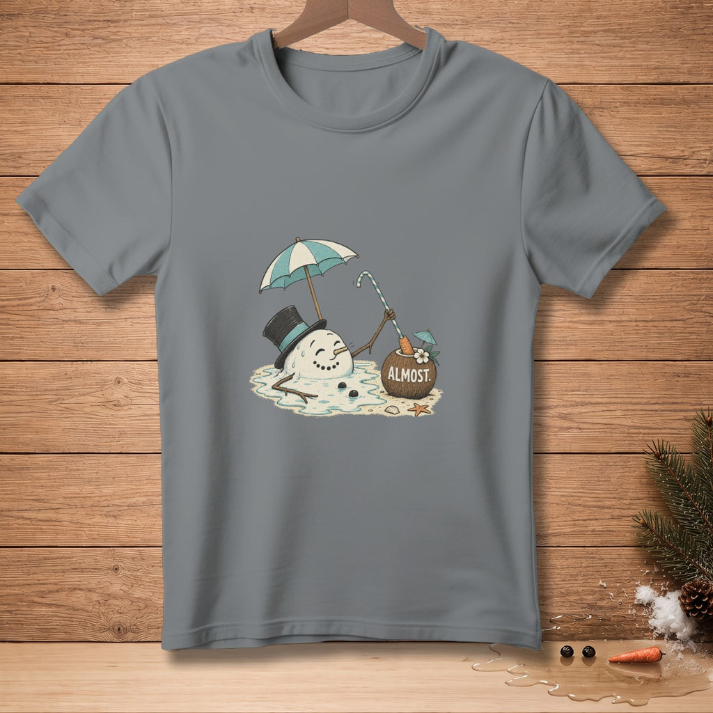 Melting snowman with umbrella and text "ALMOST" on a grey t-shirt.