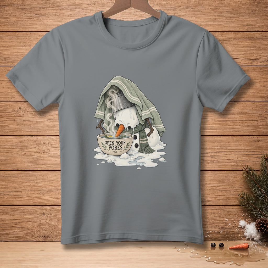 Melting snowman with steam over a bowl, text reads "OPEN YOUR PORES."