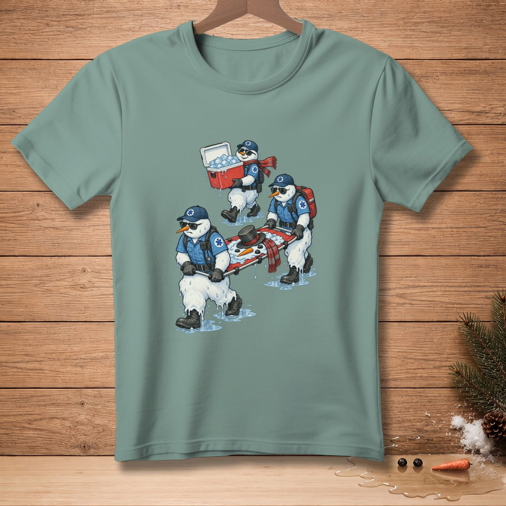 Snowmen in uniform carry a melting snowman on a stretcher with a cooler.