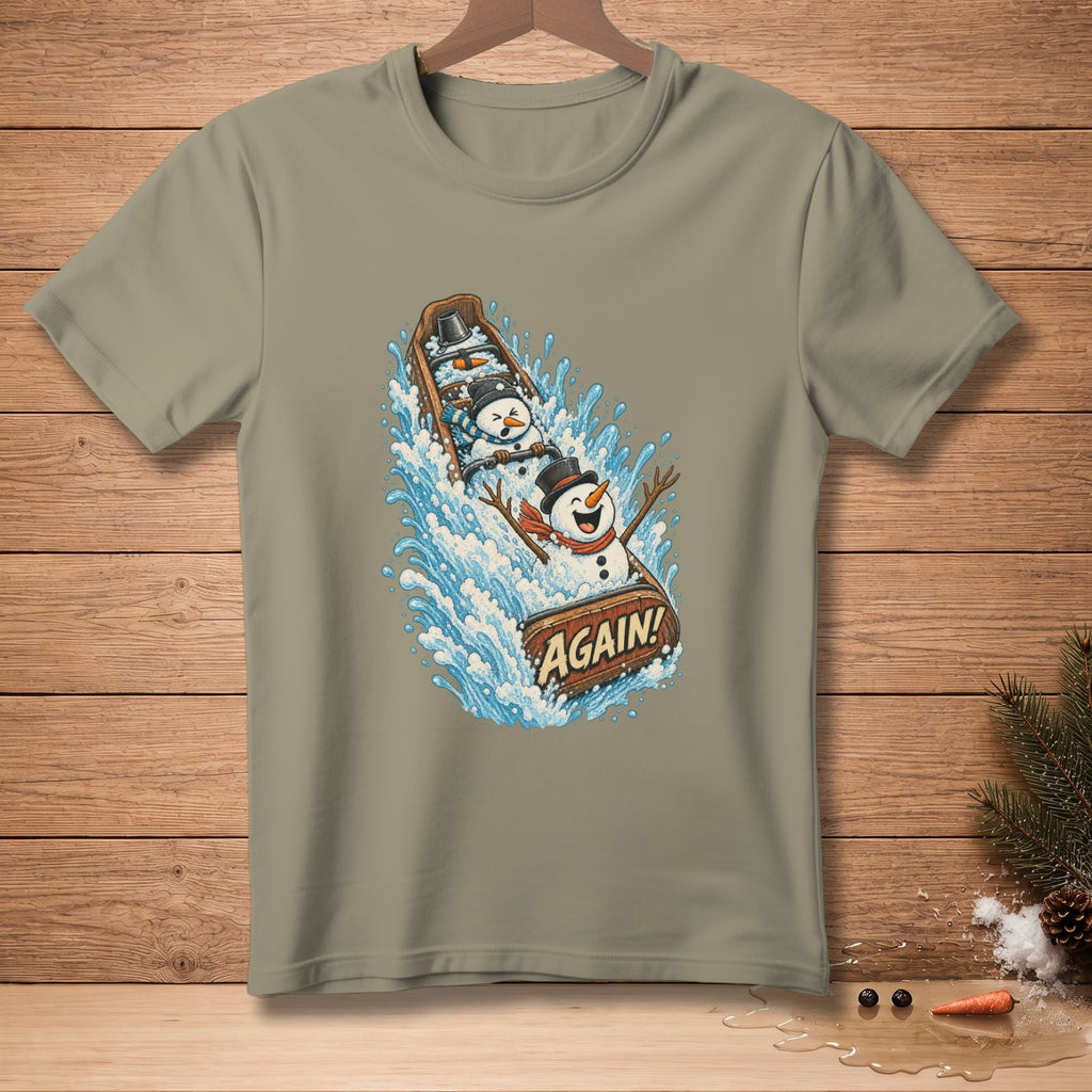 Snowmen in a log flume ride with text that says "AGAIN!".