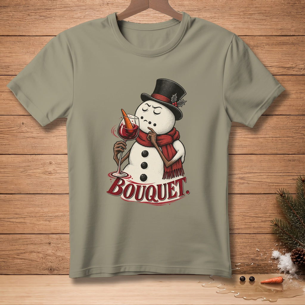T-shirt with a cartoon snowman wearing a top hat and scarf, holding a wine glass.