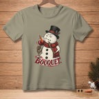 T-shirt with a cartoon snowman wearing a top hat and scarf, holding a wine glass.