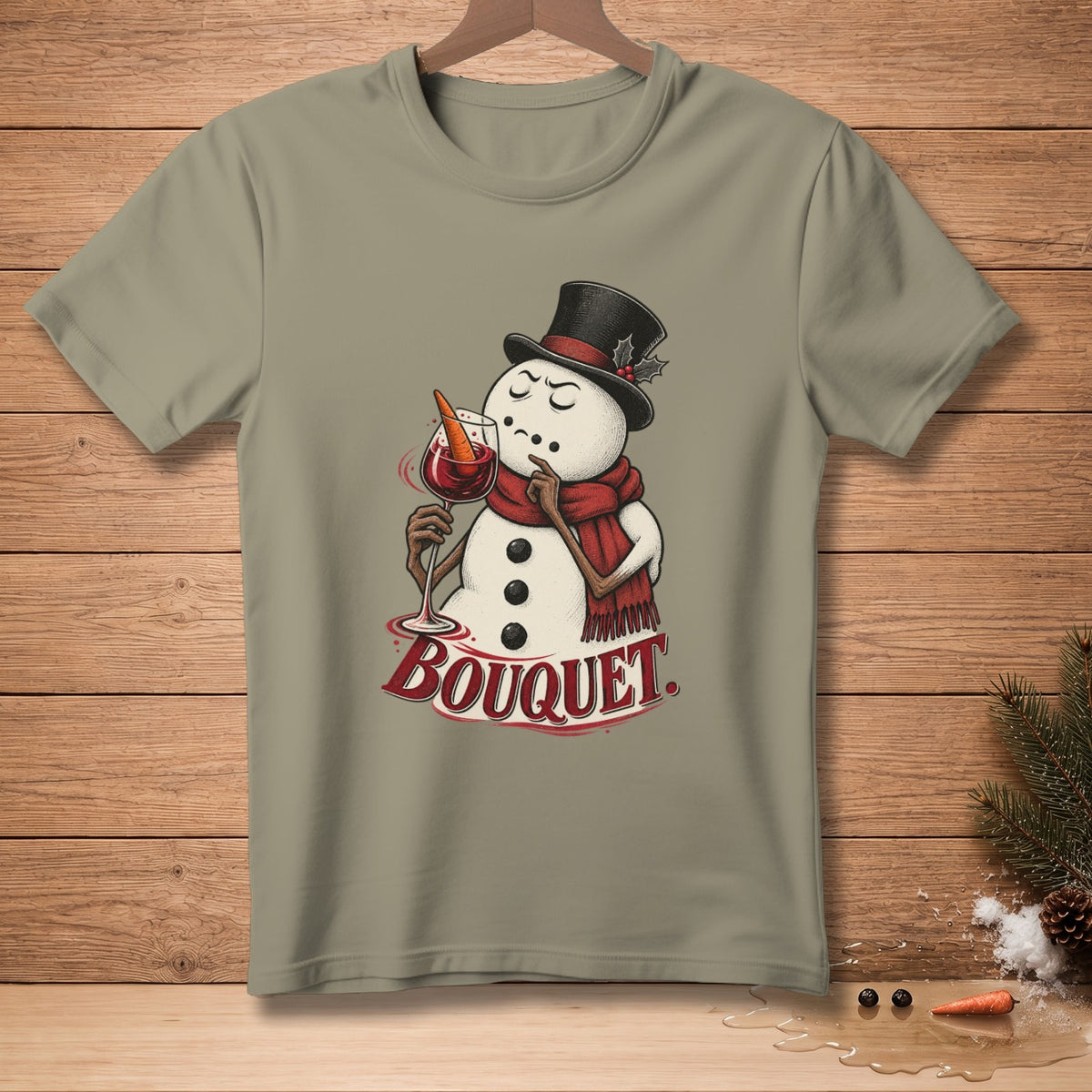 T-shirt with a cartoon snowman wearing a top hat and scarf, holding a wine glass.