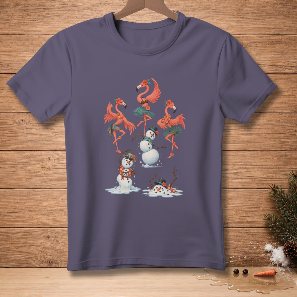 T-shirt with dancing flamingos and melting snowmen wearing Hawaiian shirts.