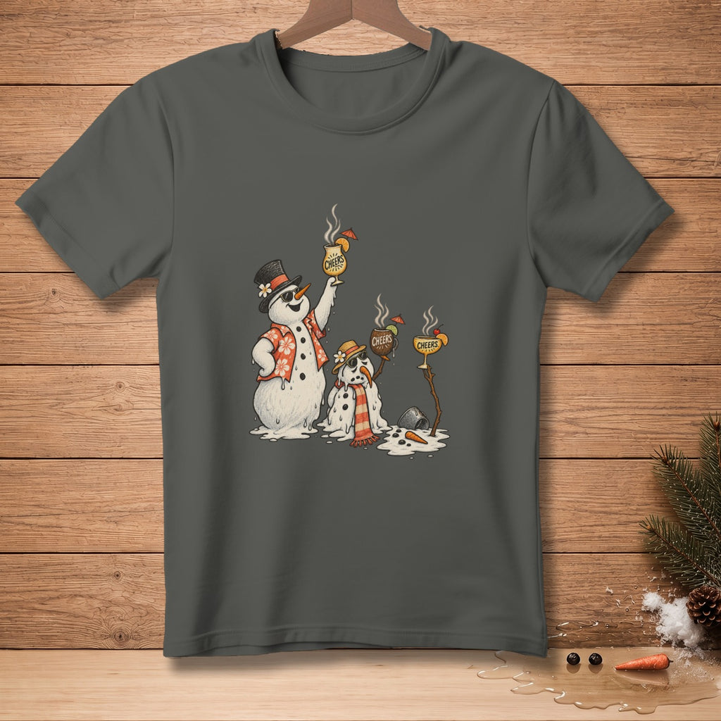 Three melting snowmen in Hawaiian shirts and hats raise drinks with "Cheers" text.