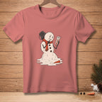 Melting snowman with a thermometer reading "Confirmed" on a pink t-shirt.