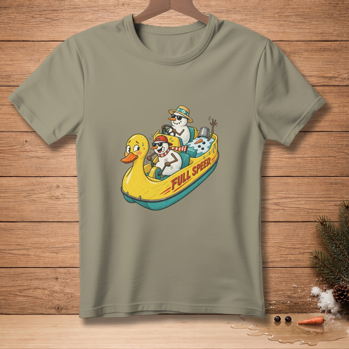 Snowmen in a duck-shaped raft with "FULL SPEED" text, on a gray t-shirt.