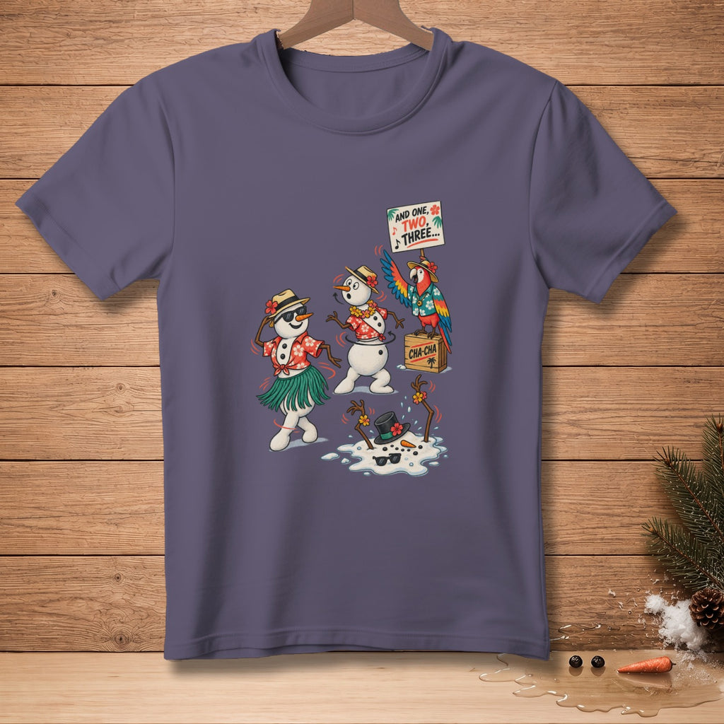 Three snowmen dancing, one melting, with a parrot holding a "Cha-Cha" sign.